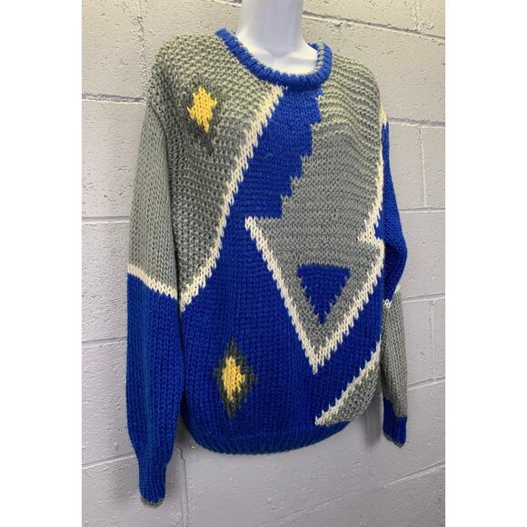 Vtg 80s Chunky Geometric Knit Novelty Sweater Hand KnitColorBlock New Wave